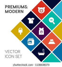 Modern, simple vector icon set on colorful flat background with male, piglet, animal, landscape, white, volcano, sign, mountain, basketball, clothing, livestock, style, graphic, sport, crater icons