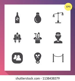 Modern, simple vector icon set on gradient background with lightbulb, medicine, innovation, dentist, energy, spaceship, white, bulb, people, electricity, judgment, power, clinic, space, bottle icons