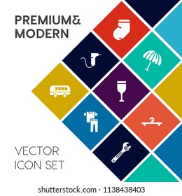 Modern, simple vector icon set on colorful flat background with care, cloakroom, bus, shirt, red, tool, striped, clothes, glass, sock, clothing, spanner, wine, fashion, dentistry, medicine, warm icons
