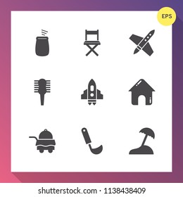 Modern, simple vector icon set on gradient background with drum, service, brush, shuttle, technology, care, food, ship, hair, building, music, seat, travel, concert, science, soup, galaxy, sea icons