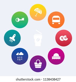 Modern, simple vector icon set on colorful circle backgrounds with lock, take, house, away, open, sweet, dessert, bag, rainy, rain, hot, protection, leather, umbrella, rocket, object, parasol icons