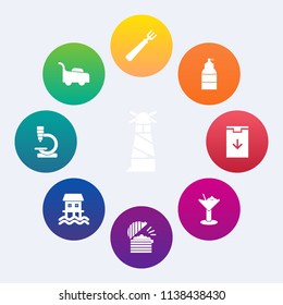 Modern, simple vector icon set on colorful circle backgrounds with spoon, house, biology, paint, spray, gardening, equipment, boat, houseboat, fork, microscope, dinner, lighthouse, beacon, food icons