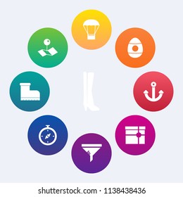 Modern, simple vector icon set on colorful circle backgrounds with boot, spring, location, traditional, marker, hot, sport, balloon, metal, holiday, transportation, map, position, box, tradition icons