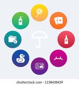 Modern, simple vector icon set on colorful circle backgrounds with protection, sweet, rubber, bottle, paint, white, spray, identity, card, lollipop, gambling, liquid, duck, dessert, weather, toy icons