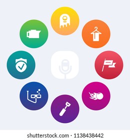Modern, simple vector icon set on colorful circle backgrounds with scuba, character, creature, sport, humanoid, ufo, alien, coffee, sound, cup, caffeine, nation, music, space, mic, audio, wind icons