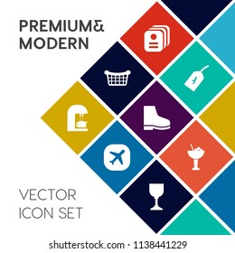 Modern, simple vector icon set on colorful flat background with name, brown, white, tag, identity, air, drink, airplane, business, coffee, party, ice, id, closeup, espresso, object, alcohol, fly icons