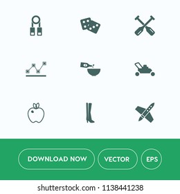 Modern, simple vector icon set on white background with footwear, seminar, drink, craft, training, lawn, casino, oar, stats, canoe, dice, equipment, business, gambling, spaceship, paddle, apple icons