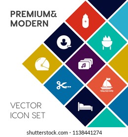 Modern, simple vector icon set on colorful flat background with fire, extreme, bike, nutrition, healthy, water, music, biker, avatar, wind, tool, black, remove, paper, profile, bbq, home, delete icons