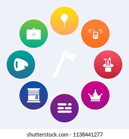 Modern, simple vector icon set on colorful circle backgrounds with ringing, birthday, balloon, home, air, screwdriver, table, aid, medicine, spanner, emergency, repair, guitar, work, curtain icons