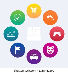 Modern, simple vector icon set on colorful circle backgrounds with sound, stats, sign, grocery, kitty, america, customer, ocean, store, cat, wild, buy, commerce, cart, graph, flag, shop, correct icons