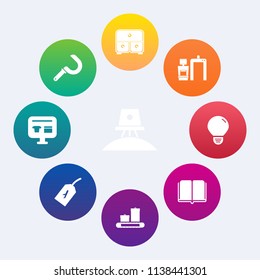 Modern, simple vector icon set on colorful circle backgrounds with light, literature, astronomy, farming, sale, education, planet, harvest, machine, furniture, textbook, library, flight, tool icons