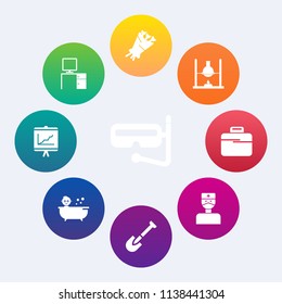 Modern, simple vector icon set on colorful circle backgrounds with report, computer, bunch, sea, office, business, kid, bouquet, desk, tool, briefcase, beach, chemistry, summer, child, flower icons