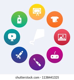 Modern, simple vector icon set on colorful circle backgrounds with game, sign, background, brush, graduation, cute, play, video, soap, success, kid, frame, template, happy, diploma, art, health icons