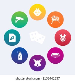Modern, simple vector icon set on colorful circle backgrounds with digital, luck, music, little, gambling, abstract, animal, chance, lollipop, baby, air, cute, candy, award, sad, conditioner icons