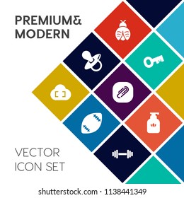 Modern, simple vector icon set on colorful flat background with butterfly, gym, insect, nature, key, baby, soap, action, dragonfly, lady, game, clean, hygiene, house, sign, fitness, liquid, ball icons
