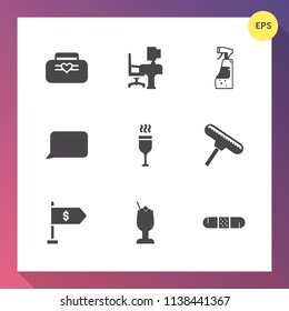 Modern, simple vector icon set on gradient background with wine, leather, brush, roller, paint, talk, cocktail, style, spray, bag, medicine, maid, location, computer, health, table, chat, bar icons