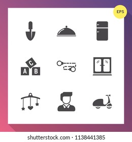 Modern, simple vector icon set on gradient background with cycle, construction, restaurant, gardening, bed, toy, reading, mobile, chain, work, baby, interior, plate, equipment, business, service icons