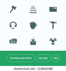 Modern, simple vector icon set on white background with hammer, car, cargo, teapot, work, background, audio, tool, communication, saw, envelope, mail, send, breakfast, letter, cooler, pie, food icons