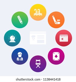 Modern, simple vector icon set on colorful circle backgrounds with pen, interface, play, calendar, poker, cricketer, menu, sport, team, web, timetable, game, day, male, sorcery, young, schedule icons