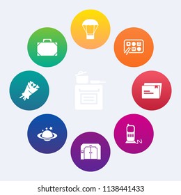 Modern, simple vector icon set on colorful circle backgrounds with telephone, bag, object, business, transport, phone, hot, home, travel, kitchen, stationary, stove, file, leather, menu, blossom icons