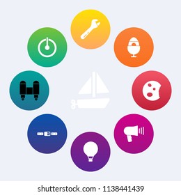 Modern, simple vector icon set on colorful circle backgrounds with craft, technology, boat, parachuting, web, transportation, energy, repair, off, spaceship, spanner, summer, food, sea, rocket icons