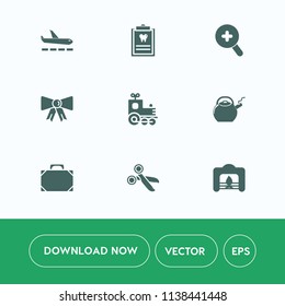 Modern, simple vector icon set on white background with tie, kettle, patient, kitchen, view, airport, cut, search, dental, web, style, magnifying, health, clothing, tool, warm, airplane, travel icons