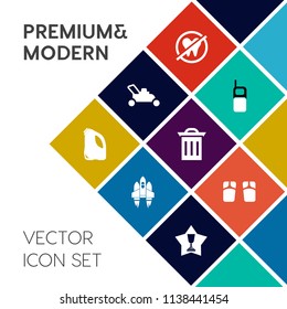 Modern, simple vector icon set on colorful flat background with technology, award, can, achievement, tool, white, gardening, care, dentistry, place, fashion, waste, communication, dentist, phone icons