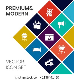 Modern, simple vector icon set on colorful flat background with christmas, turbine, power, grill, internet, energy, speech, barbecue, web, communication, bbq, furniture, environment, flame, bed icons