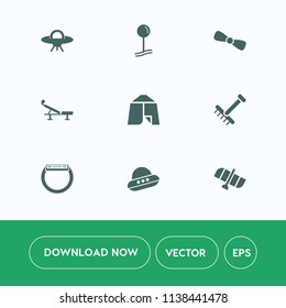 Modern, simple vector icon set on white background with travel, planet, time, spacecraft, summer, autumn, pin, exercise, healthy, science, spaceship, galaxy, location, space, gift, adventure icons