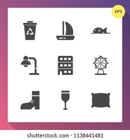 Modern, simple vector icon set on gradient background with garbage, food, ship, architecture, bin, red, container, decoration, drink, waste, alcohol, wheel, fashion, meat, interior, can, park icons