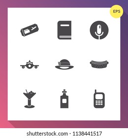Modern, simple vector icon set on gradient background with phone, mobile, bottle, voice, telephone, bar, music, transport, record, sausage, glass, textbook, cocktail, plane, alcohol, meat, trip icons