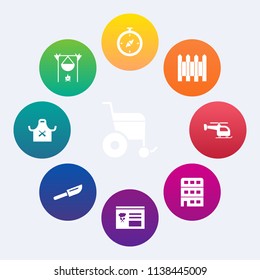 Modern, simple vector icon set on colorful circle backgrounds with city, dinner, wall, barrier, old, handicap, security, fireplace, fork, fence, disability, disabled, smoke, travel, protection icons