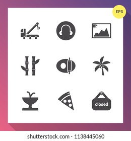 Modern, simple vector icon set on gradient background with black, palm, leaf, image, asian, architecture, truck, vehicle, shop, kitchen, business, plant, transport, car, fountain, tropical, tow icons