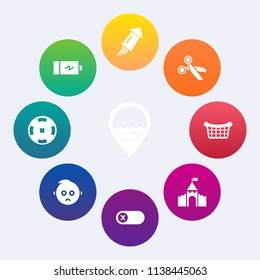 Modern, simple vector icon set on colorful circle backgrounds with battery, half, celebration, poker, business, light, child, power, festival, switch, basket, tool, casino, load, fire, baby, kid icons