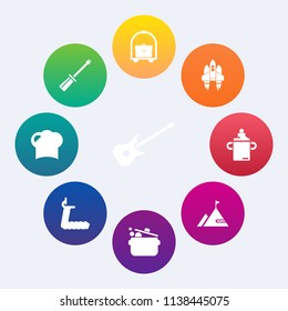 Modern, simple vector icon set on colorful circle backgrounds with rocket, musical, cook, food, hotel, screwdriver, guitar, spaceship, repair, gym, white, technology, concert, industry, ship icons