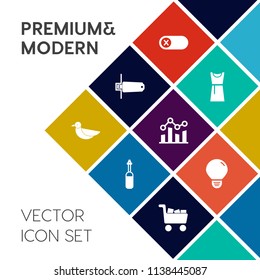 Modern, simple vector icon set on colorful flat background with graph, idea, deactivate, memory, bird, clothing, off, business, equipment, elegance, electrical, flash, finance, dental, tool, lab icons