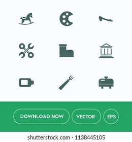 Modern, simple vector icon set on white background with leather, brush, palette, energy, wooden, spoon, bank, drawing, baby, water, footwear, object, business, tool, heater, finance, reparation icons