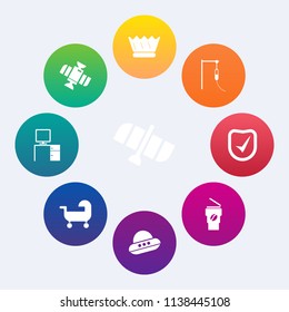 Modern, simple vector icon set on colorful circle backgrounds with king, station, work, hospital, table, pharmacy, planet, office, security, drink, baby, international, satellite, spacecraft icons