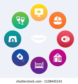 Modern, simple vector icon set on colorful circle backgrounds with cooking, alcohol, female, restaurant, winery, fireplace, beauty, health, cradle, girl, child, red, beverage, food, estate, pan icons