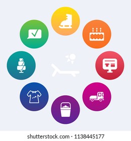 Modern, simple vector icon set on colorful circle backgrounds with transportation, ice, clothing, sport, dessert, food, bucket, clothes, bakery, beach, delicious, baby, activity, truck, sale icons