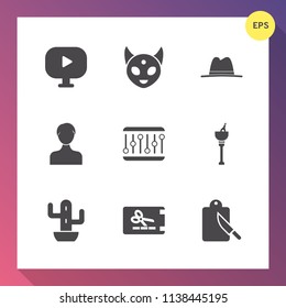 Modern, simple vector icon set on gradient background with character, hat, template, profile, extraterrestrial, restaurant, ice, green, coupon, sign, web, ufo, nature, button, drink, cactus, cap icons