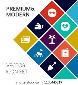 Modern, simple vector icon set on colorful flat background with boat, equipment, summer, favorite, nautical, tool, construction, broken, cup, yacht, document, dumbbell, weight, report, analysis icons