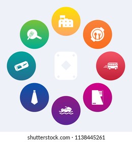 Modern, simple vector icon set on colorful circle backgrounds with kitchen, building, city, food, black, game, fashion, table, view, house, flight, document, white, plate, sign, transportation icons