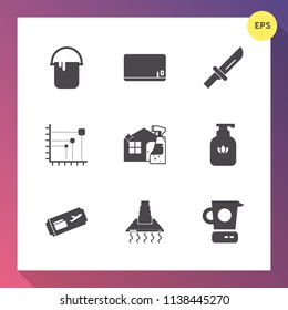 Modern, simple vector icon set on gradient background with man, table, education, empty, wall, blank, texture, board, mixer, liquid, interior, clean, business, hygiene, kitchen, chalk, black icons