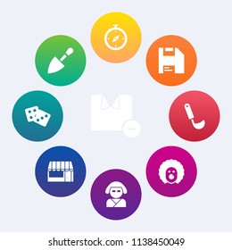 Modern, simple vector icon set on colorful circle backgrounds with holiday, grocery, geisha, male, computer, north, man, drill, character, circus, compass, clown, asian, kitchen, map, ladle icons