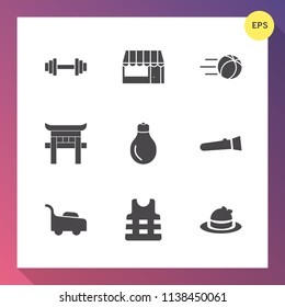 Modern, simple vector icon set on gradient background with commerce, ball, lamp, shrine, customer, soccer, japanese, torch, health, fashion, light, sport, night, shop, jacket, weight, safety icons