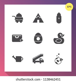 Modern, simple vector icon set on gradient background with can, transport, sign, food, summer, luxury, hotel, white, service, science, spaceship, lifestyle, transportation, travel, tray, tourism icons