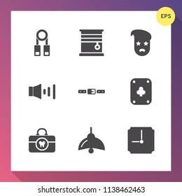 Modern, simple vector icon set on gradient background with school, training, graphic, belt, person, brush, curtain, play, speaker, seminar, clean, apartment, volume, button, home, hour, care icons