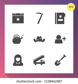 Modern, simple vector icon set on gradient background with address, girl, book, work, success, award, star, spanner, directory, event, repair, transport, party, add, kettle, tool, fashion, cap icons