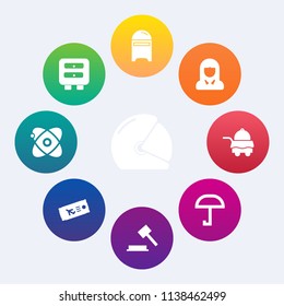 Modern, simple vector icon set on colorful circle backgrounds with mailbox, law, motorcycle, mail, bed, business, space, sport, room, young, airplane, judge, cabinet, cosmos, justice, letter icons